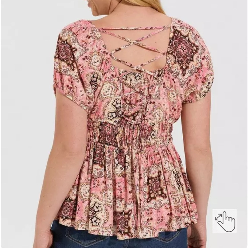 TORRID Crinkle Gauze Cris Cross Back Top Pink & Brown Peplum Cinched Waist Shirt - Picture 2 of 13